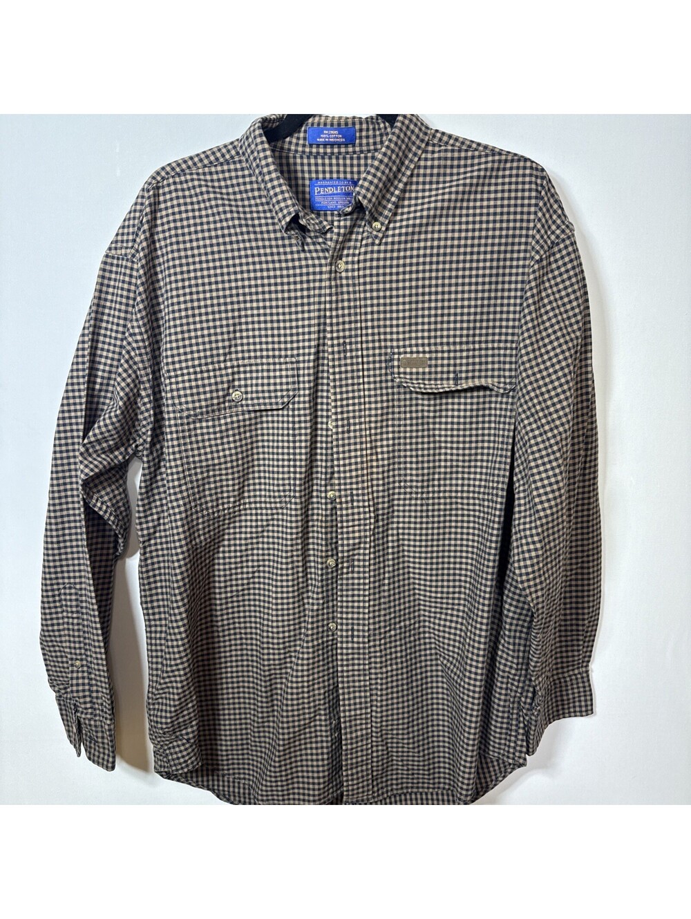 Pendleton Shirt Mens Large Brown Navy Plaid Cotton Button Down Distressed Wear